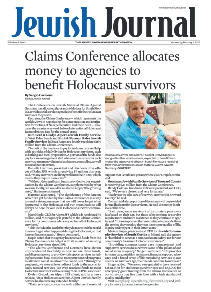 Claims Conference Allocates Money To Agencies To Benefit Holocaust Survivors