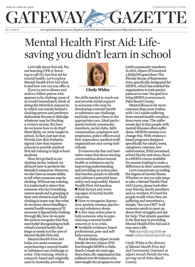 Alpert JFS Mental Health First Aid Op-Ed Gateway Gazette