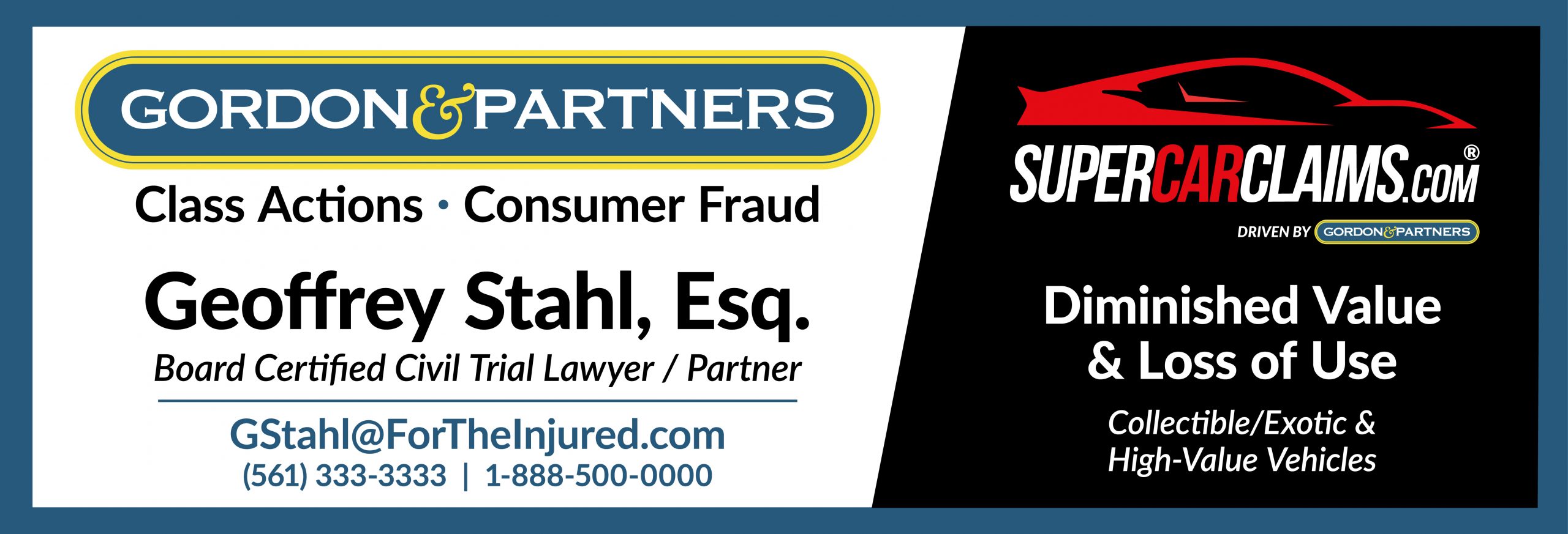 Geoffrey Stahl, Esq. sponsor artwork featuring Gordon & Partners and SuperCarClaims.com.
